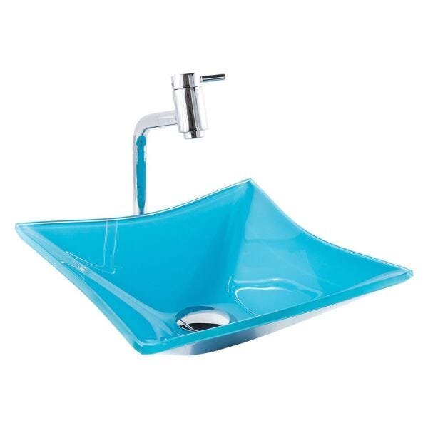 Kit Banheiro Cuba de Vidro Quadrada RT 30 cm + Torneira Link + Válvula Click - AZUL CLARO - 3