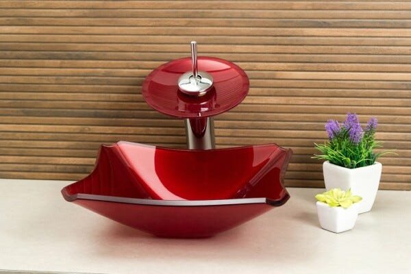 Kit Banheiro Cuba de Vidro Retrô 30 Cm + Torneira Cascata + Válvula Click + Sifão - Vermelho escuro - 2