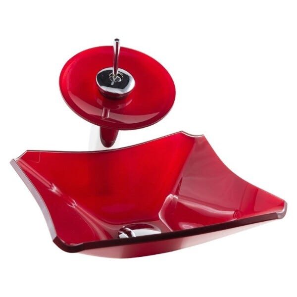 Kit Banheiro Cuba de Vidro Retrô 30 Cm + Torneira Cascata + Válvula Click + Sifão - Vermelho escuro - 3