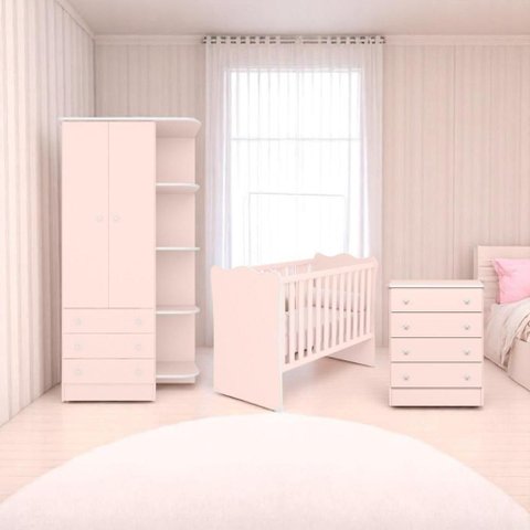 Conjunto Infantil Doce Sonho Rosa Acetinado: Berço Doce Sonho + Kit Rodízios Cômoda Doce Sonho
