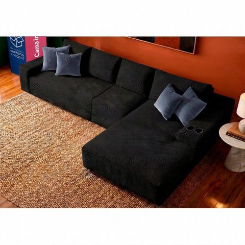 Sofá Evo 3,40m Molas Ensacadas com Chaise Lounge Direita Velourê Preto Cama Inbox