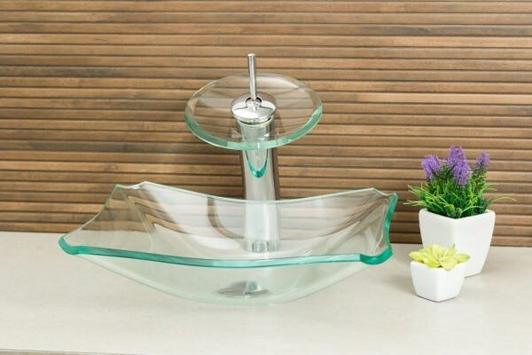 Kit Banheiro Cuba de Vidro Retrô 38 Cm Incolor + Torneira Cascata + Válvula + Sifão - 3