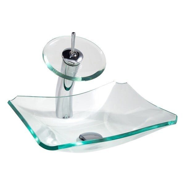 Kit Banheiro Cuba de Vidro Retrô 38 Cm Incolor + Torneira Cascata + Válvula + Sifão - 2