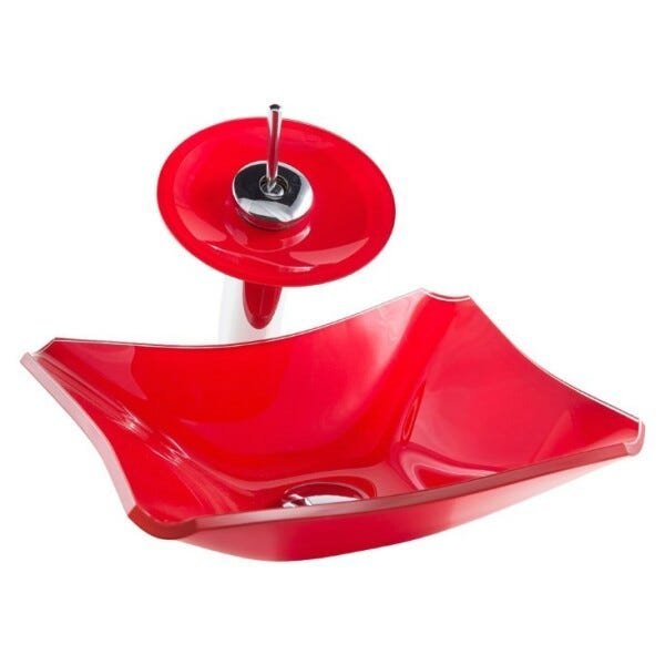 Kit Banheiro Cuba de Vidro Retrô 38 cm + Torneira Cascata + Válvula - Vermelho - 3