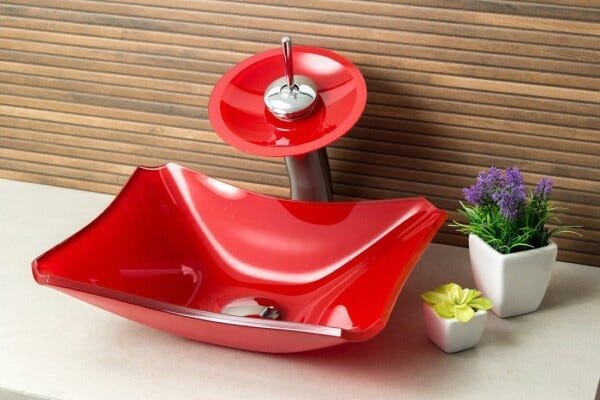 Kit Banheiro Cuba de Vidro Retrô 38 cm + Torneira Cascata + Válvula - Vermelho - 1