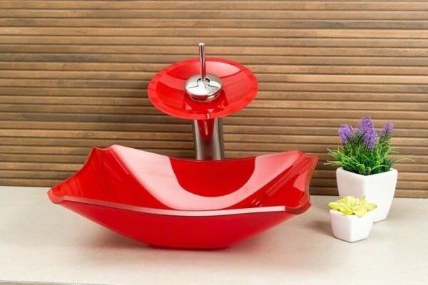 Kit Banheiro Cuba de Vidro Retrô 38 cm + Torneira Cascata + Válvula - Vermelho - 2