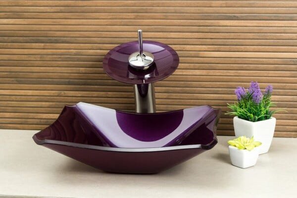 Kit Banheiro Cuba de Vidro Retrô 38 cm + Torneira Cascata + Válvula - Roxo - 2