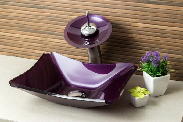 Kit Banheiro Cuba de Vidro Retrô 38 cm + Torneira Cascata + Válvula - Roxo - 1