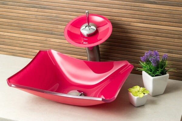 Kit Banheiro Cuba de Vidro Retrô 38 cm + Torneira Cascata + Válvula - Rosa - 1