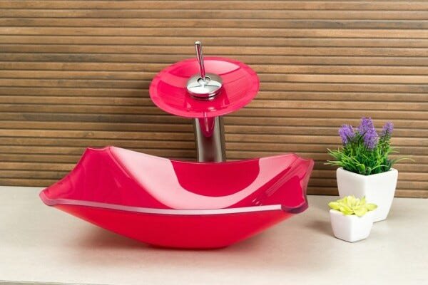 Kit Banheiro Cuba de Vidro Retrô 38 cm + Torneira Cascata + Válvula - Rosa - 2