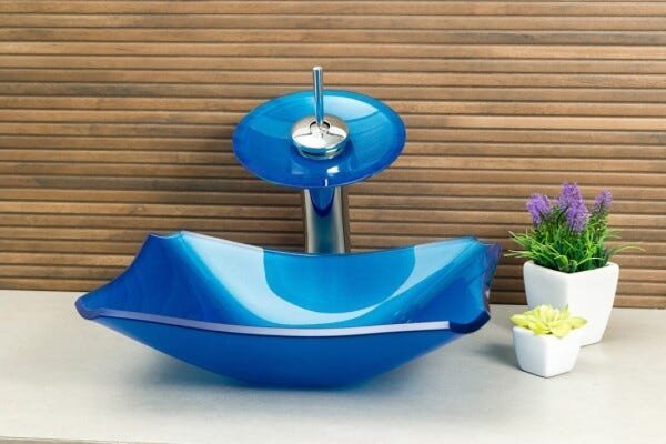 Kit Banheiro Cuba de Vidro Retrô 38 cm + Torneira Cascata + Válvula - Azul Matisse - 2