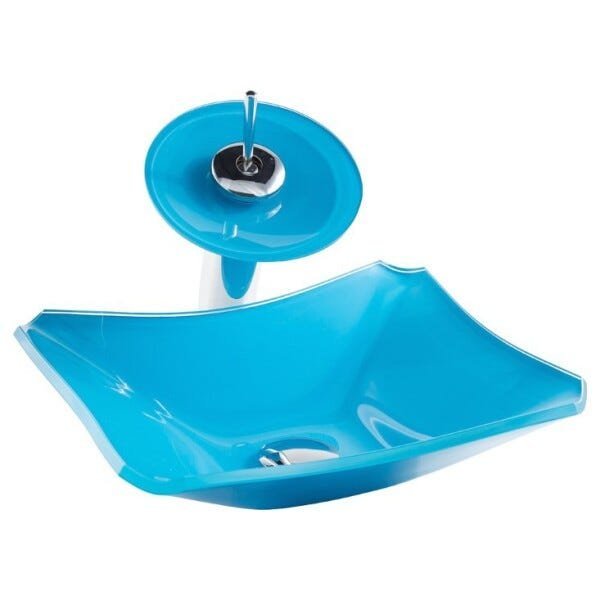 Kit Banheiro Cuba de Vidro Retrô 38 cm + Torneira Cascata + Válvula - Azul Claro - 3
