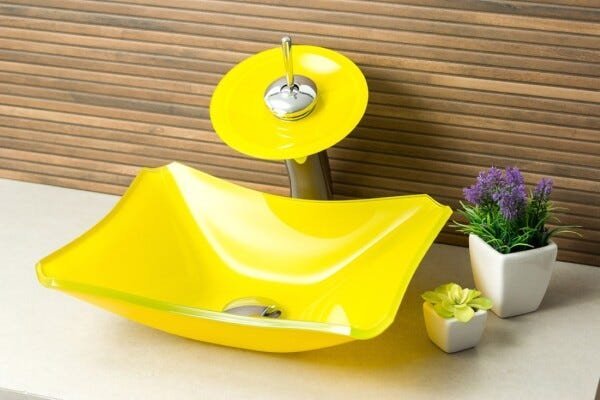 Kit Banheiro Cuba de Vidro Retrô 38 cm + Torneira Cascata + Válvula - Amarelo - 1