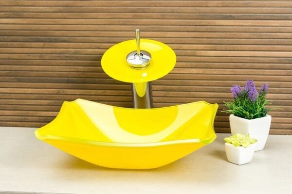 Kit Banheiro Cuba de Vidro Retrô 38 cm + Torneira Cascata + Válvula - Amarelo - 2
