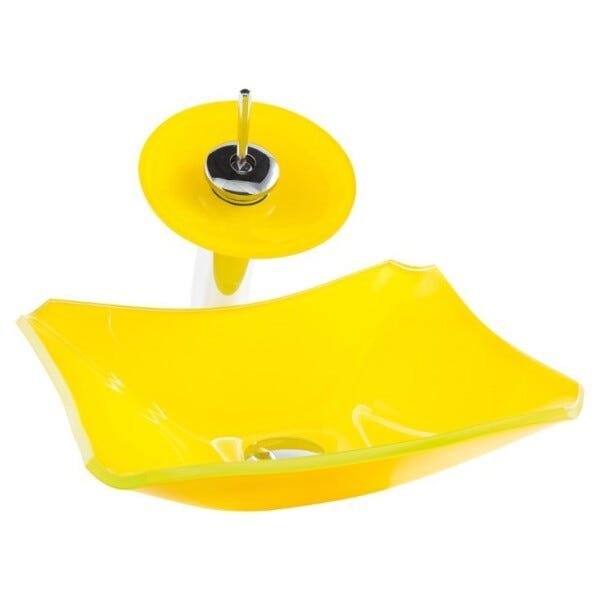 Kit Banheiro Cuba de Vidro Retrô 38 cm + Torneira Cascata + Válvula - Amarelo - 3