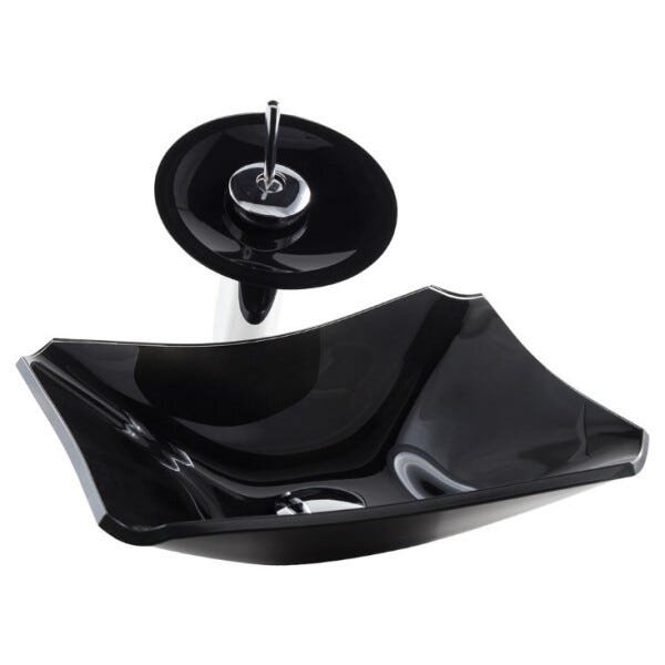 Kit Banheiro Cuba de Vidro Retrô 38 cm + Torneira Cascata + Válvula - Preto - 3