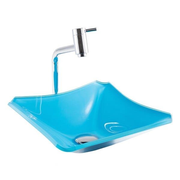 Kit Banheiro Cuba de Vidro Retrô 33 cm + Torneira Link + Válvula - Azul Claro - 3
