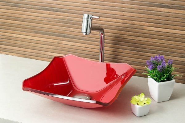 Kit Banheiro Cuba de Vidro Retrô 33 cm + Torneira Link + Válvula - Vermelho - 1