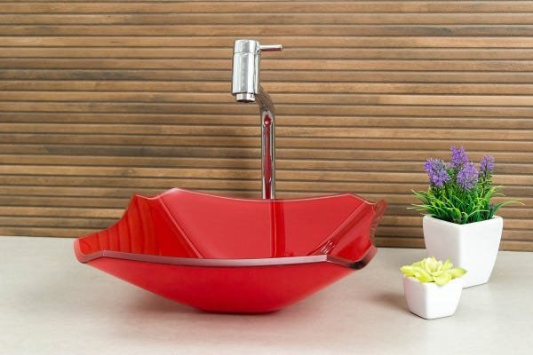 Kit Banheiro Cuba de Vidro Retrô 33 cm + Torneira Link + Válvula - Vermelho - 2