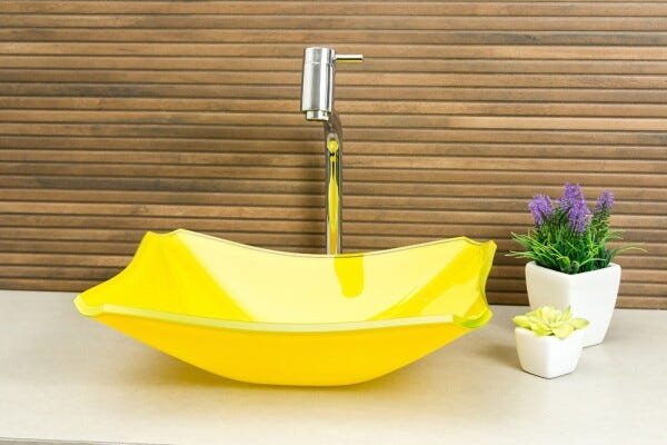 Kit Banheiro Cuba de Vidro Retrô 38 cm + Torneira Link + Válvula - Amarelo - 2