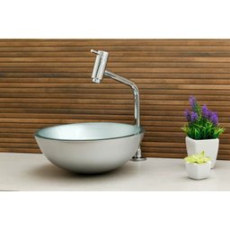 Kit Banheiro Cuba de Vidro Redonda 30 cm + Torneira Link + Válvula - Prata - 1