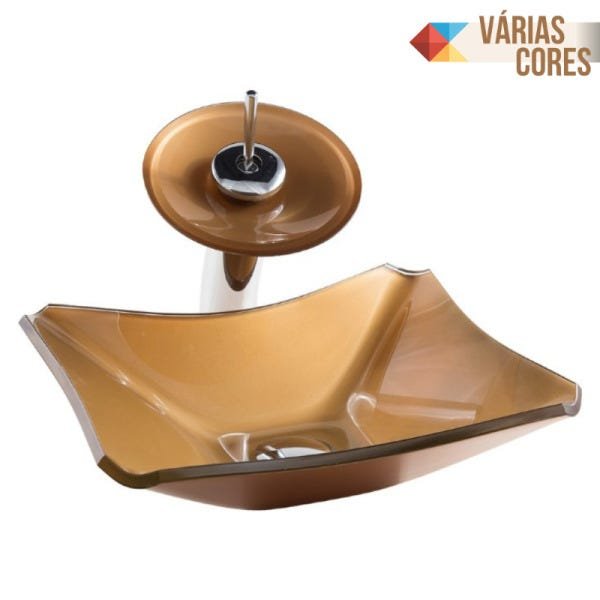 Kit Banheiro Cuba de Vidro Retrô 38 cm + Torneira Cascata + Válvula - Bronze - 1