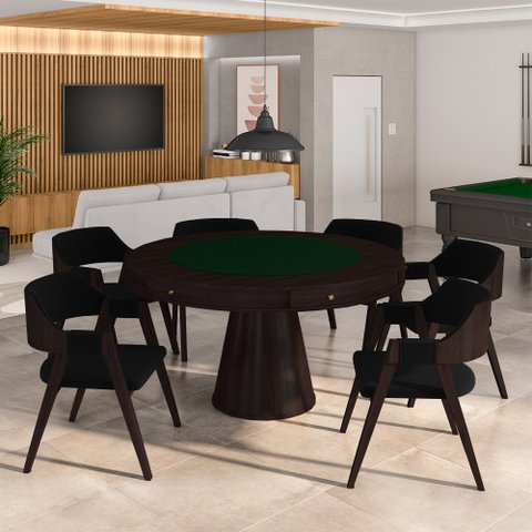 Conjunto Mesa de Jogos Carteado Bellagio Tampo Reversível e 6 Cadeiras Madeira Poker Base Cone Velud