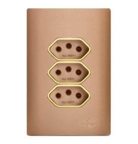 Conjunto Tomada Tripla 20A com Suporte 4x2 - Dicompel Novara Ouro Rose Gold - Dnv1500/151Orgd - 1