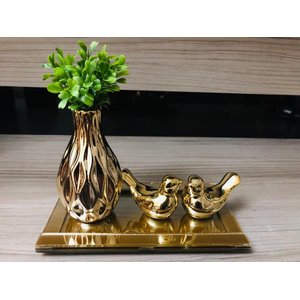 Kit Decoração Sala Vaso Cerâmica Bandeja Vidro Enfeite Mesa: Dourado
