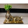 Kit Decoração Sala Vaso Cerâmica Bandeja Vidro Enfeite Mesa: Dourado - 1