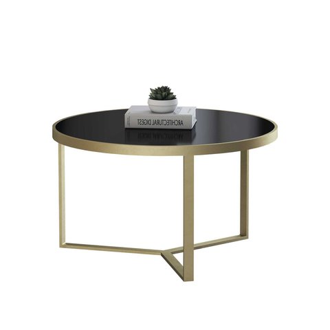 Mesa de Centro Aço Carbono Base Dourada Light Rabone Tampo Pintado de Vidro Preto