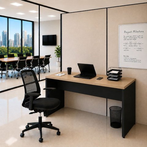 Conjunto Mesa de Escritório 140x60cm Cadeira Ergonômica Reclinável Sistema Syncron Pistão Classe 4