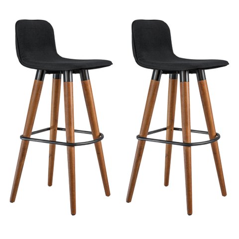 Kit 2 Banquetas Altas Luxo Linea Aço Preto Linho Preto Base Carvalho