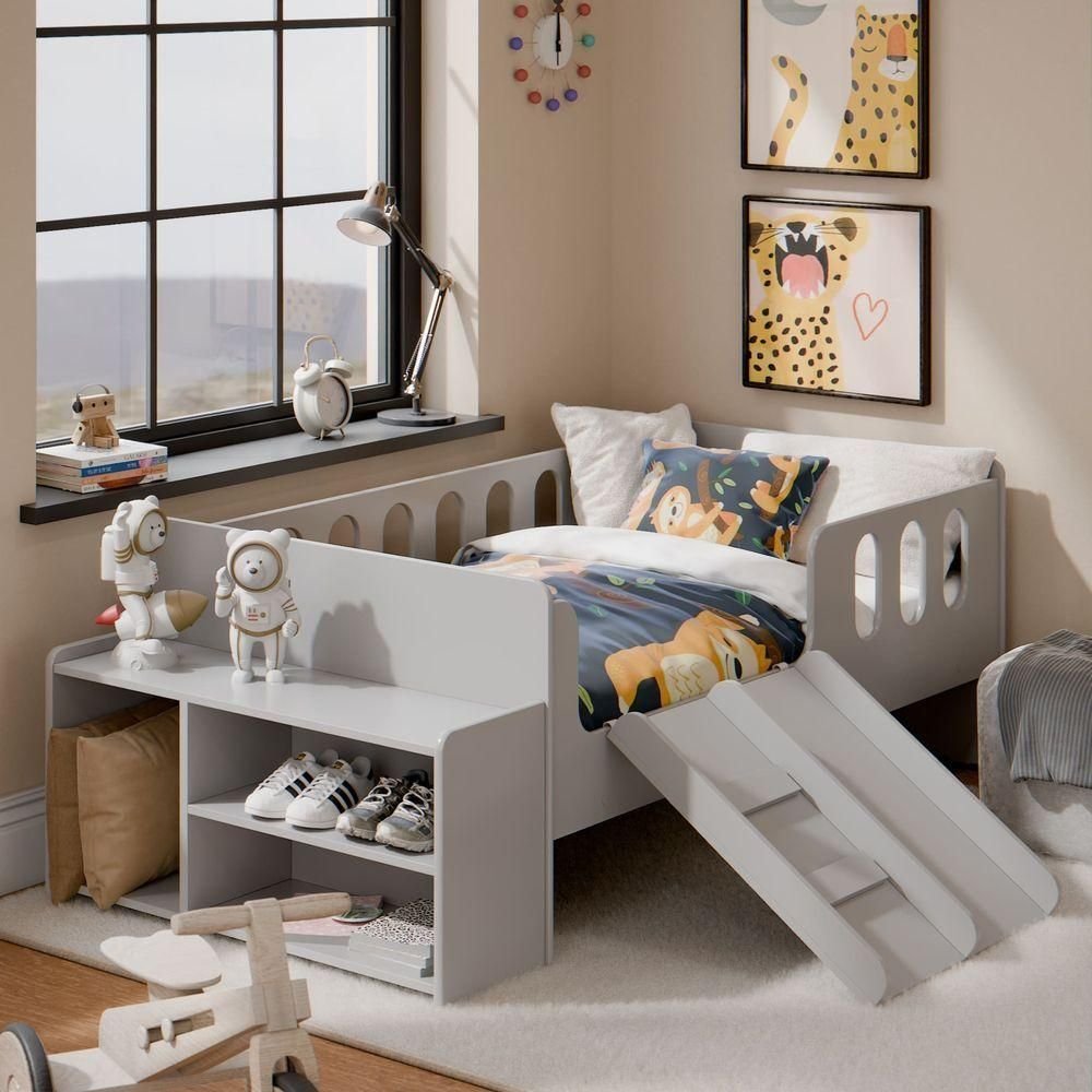 Cama Encanto Infantil Conforto com Escada e Escorregador Cinza