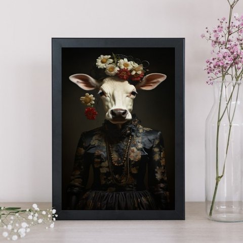 Quadro Decorativo Vaca Elegante 24x18cm - com Vidro:moldura Branca