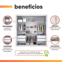 Guarda Roupas Casal Ripado com Espelho 2 Portas de Correr 4 Gavetas Trianon Branco Zanzini - 5