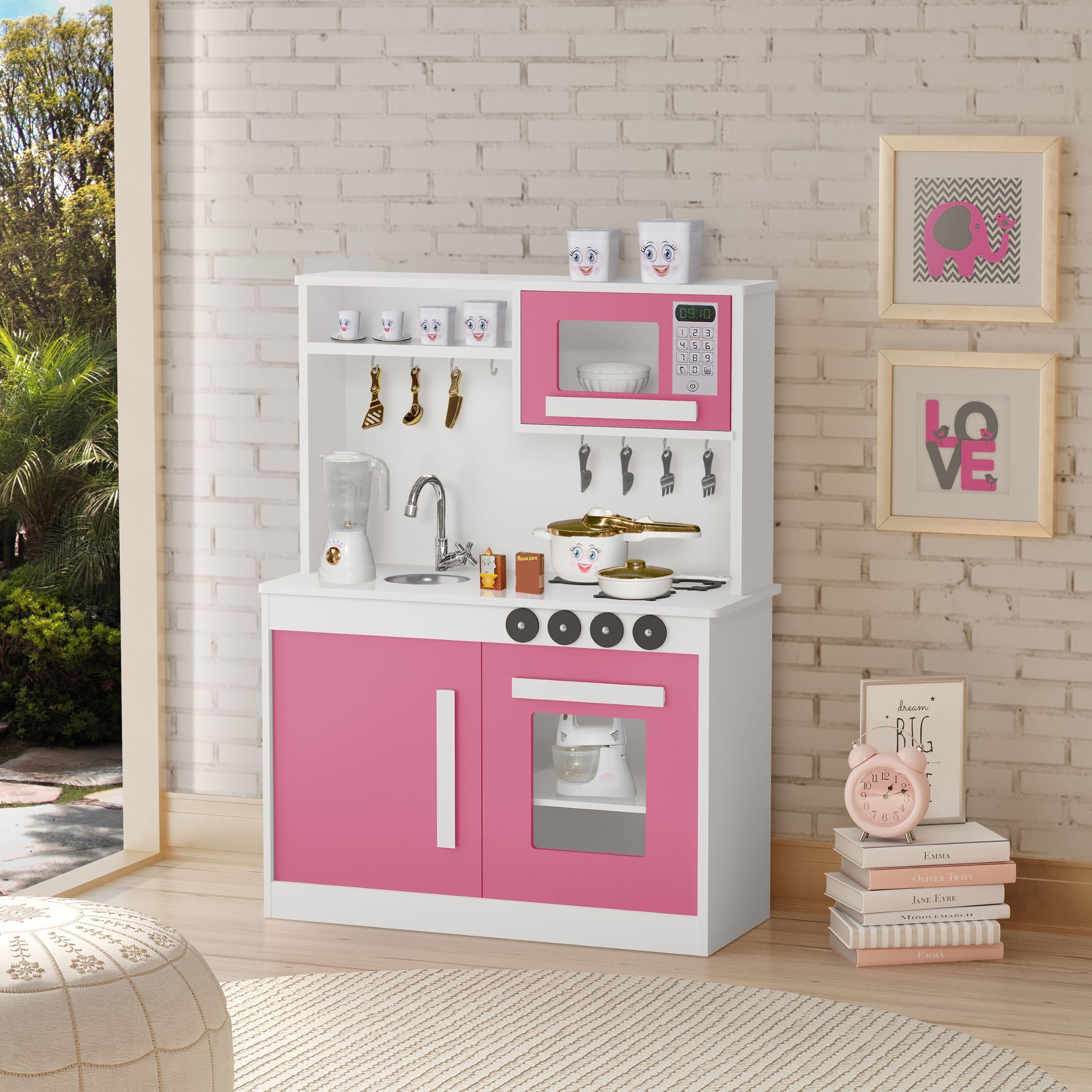 Mini Armário de Cozinha Infantil Unicórnio Arco Íris em Mdf:rosa