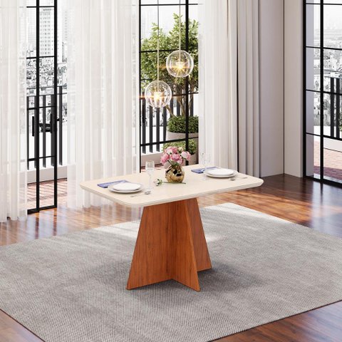 Mesa de Jantar Retangular Tampo de Vidro 136x90 Dj Móveis Siena Freijó Off White