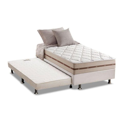 Cama Box c/Auxiliar Solteiro: Colchão Anjos MasterPocket Classic Bege + Base CRC Courano Branco(88x1