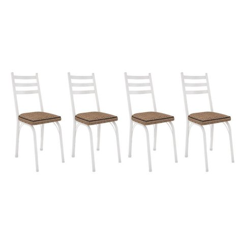 Kit 4 Cadeiras de Cozinha Luisiana Estampado Rattan Bege Pés de Ferro Branco - Pallazio