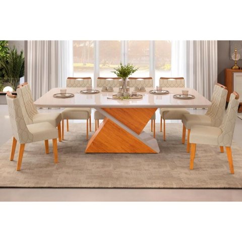 Sala de Jantar Completa Zafira Tampo Madeirado C/ Vidro Curvo 200x100cm e 8 Cadeiras Bia Cedro/off