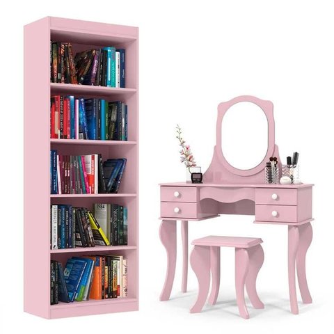 Penteadeira com Banqueta Princesa com Livreiro Encanto Patrimar Rosa