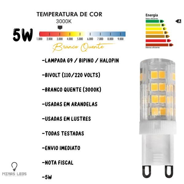 Kit 10 Lâmpada LED 5W Halopin Bipino G9 3000K Branco Quente Bivolt P/Arandelas e Lustres - 3
