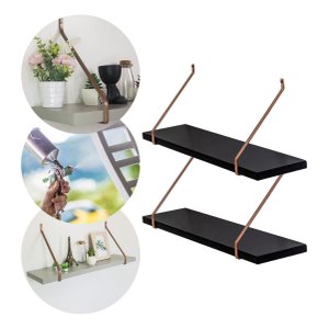Kit 2 Prateleiras Preta Madeira Mdf 70cm Laqueado Suporte Metal Decoração Moderno -organizze Móveis