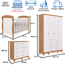 Quarto Bebê Completo Berço Americano Marquesa 3 em 1 Guarda Roupas 4 Portas Cômoda Junior 100% - 2
