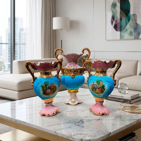Jogo de 3 Ânforas em Porcelana Ilustradas Rosa com Azul 35x23x12cm e 28x19x10cm