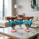 Ver imagem 1 de Jogo de 3 Ânforas em Porcelana Ilustradas Rosa com Azul 35x23x12cm e 28x19x10cm
