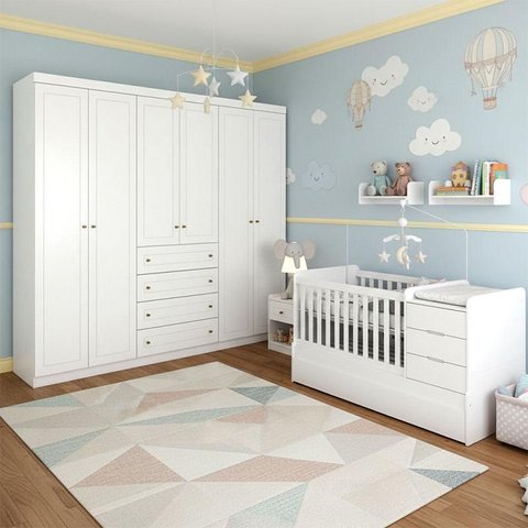 Berço Multifuncional Cleo e Guarda Roupa Infantil 6 Portas Mississipi Ambiente Branco Fosco com Colc