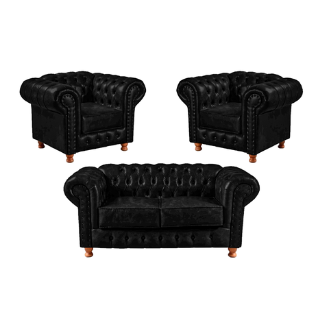 Conjunto Chesterfield Namoradeira + 2 Poltronas Luiz Xv Corano Preto/ Decoração, Barbearia, Salão, S