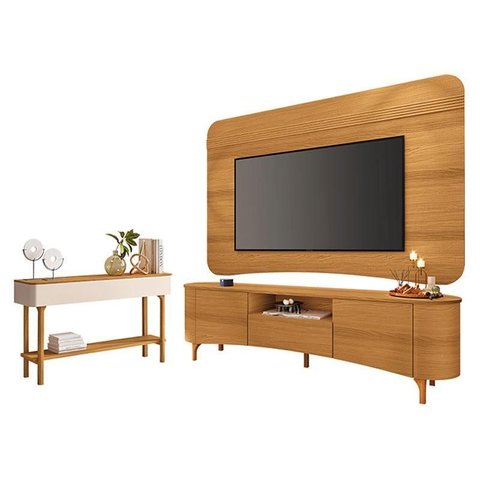 Rack Bancada Elara e Painel Armony Cinamomo com Aparador Fiero Off White Cinamomo - Hb Móveis
